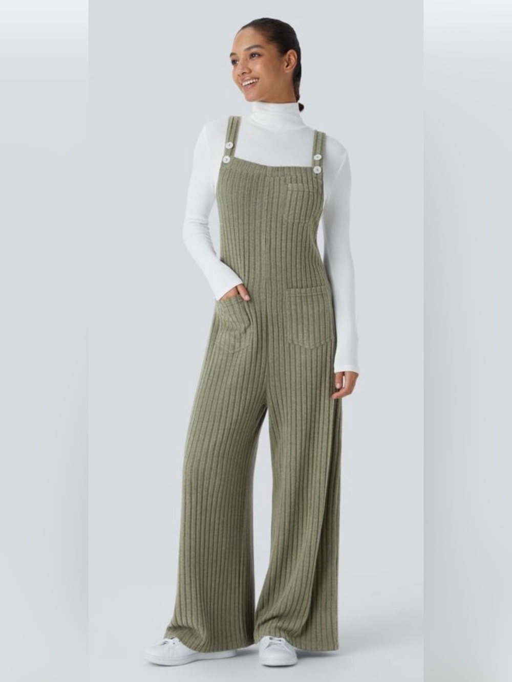 Halara Olive Ribbed Knit Overalls Jumpsuit with Pockets NWT